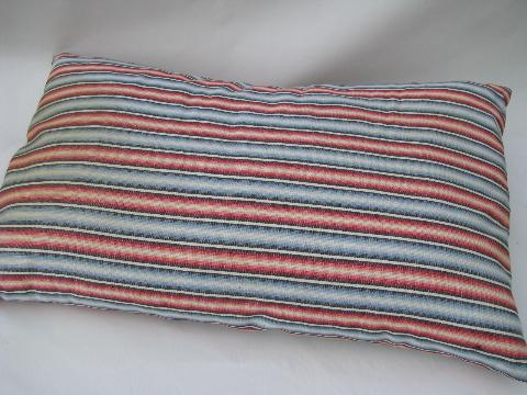 vintage feather pillow, old red and blue striped cotton ticking fabric