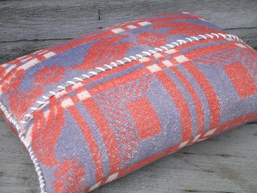 vintage feather pillows, hand-stitched old cotton camp blanket covers