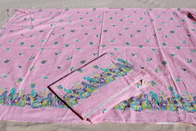 vintage feed sacks w/ parasol ladies southern belles border print ticking stripe textured weave cotton