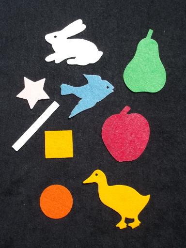 vintage felt cut-out animals, fruit shapes for Instructo flannel board