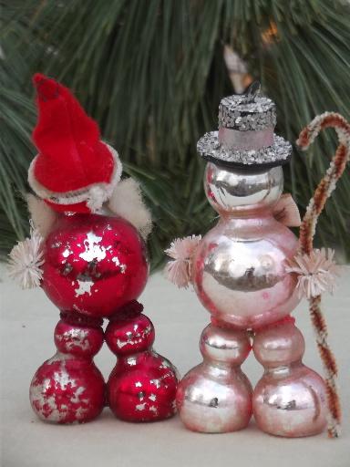 vintage figural glass Christmas tree ornaments, Santa and snowman