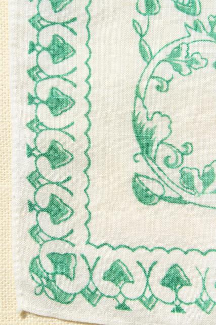vintage fine linen place mats & table runner, white w/ Irish green border print