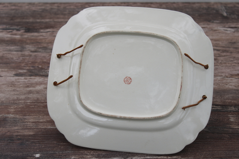 vintage floral chintz china serving plate, square tray w/ basket handle old Japan backstamp
