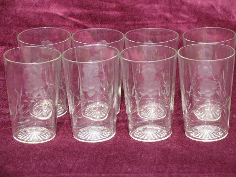vintage floral etched pattern glass lemonade glasses, set 8 tumblers