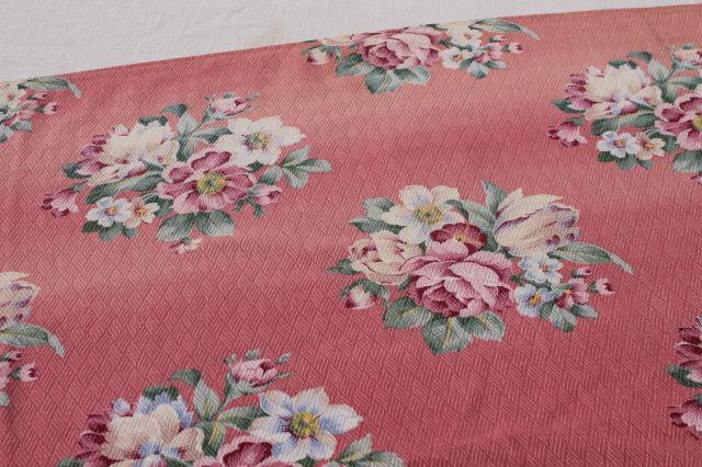 vintage floral print cotton barkcloth fabric, flowers on faded pink, shabby cottage chic