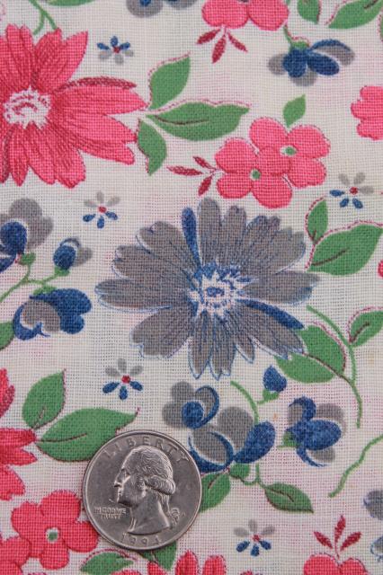 vintage floral print cotton feed sack fabric, pink & blue flowered feedsacks lot