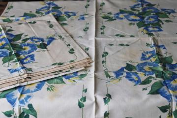 vintage floral print cotton table linens, kitchen tablecloth  napkins shabby morning glories