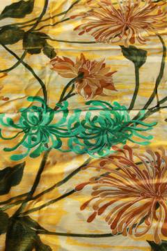 vintage floral print fabric, Japanese chrysanthemums spider mum gold & turquoise silky shantung