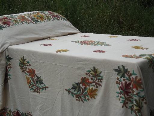 vintage floral wool embroidered fabric coverlet, jacobean crewel embroidery bed cover