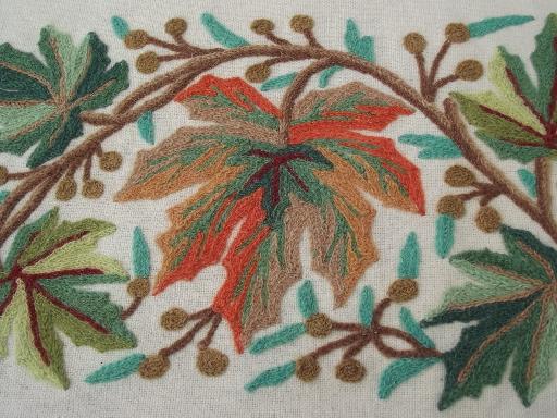 vintage floral wool embroidered fabric coverlet, jacobean crewel embroidery bed cover