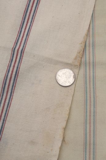 vintage flour sack towels, red & blue striped cotton antique grain sack fabric