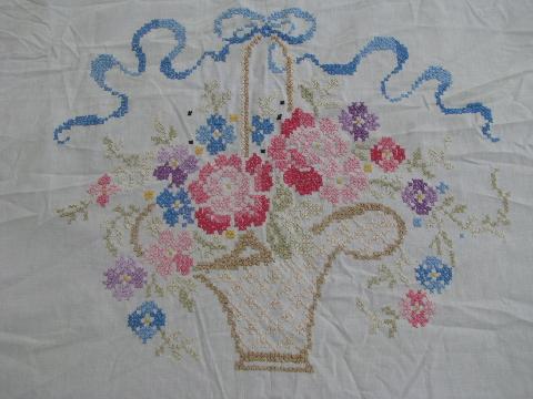 vintage flower basket embroidered four-poster bed cover, bedspread pillow sham