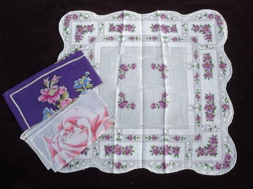 vintage flower print hankies lot, printed cotton handkerchiefs, all florals