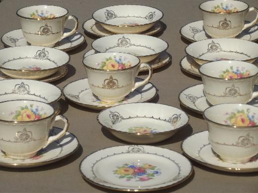 vintage flowered china tea set for 6, teacups & saucers w/ dessert plates
