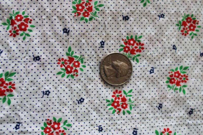 vintage flowered print fabric, soft light plisse crinkle cotton, red navy green on white