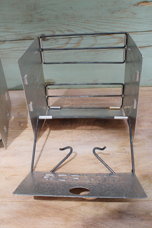 vintage folding metal Sterno fuel camp stove grills, backpacker camping gear