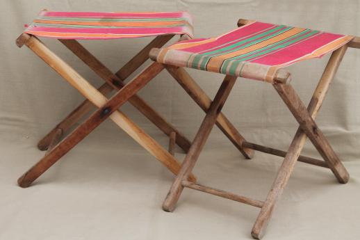 vintage folding wood stools, rustic camp furniture portable seats 