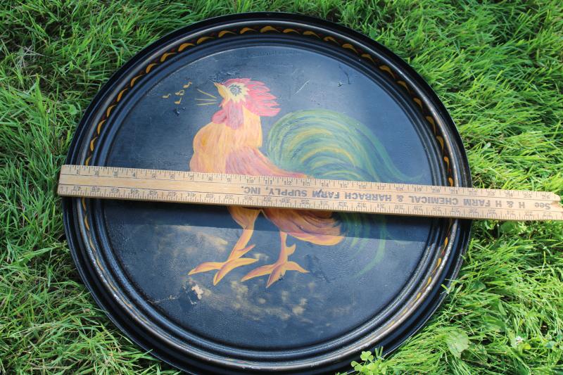 vintage folk art hand painted crowing rooster, primitive toleware huge old barrel lid 