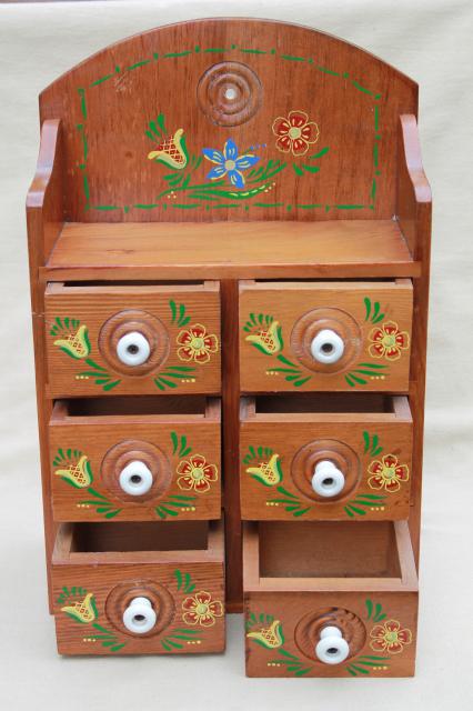 vintage folk art hand painted wood spice box, wall hanging cabinet w/ little drawers