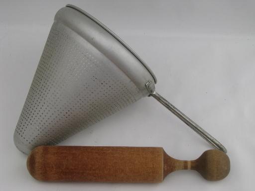 vintage food mill, tripod stand, strainer sieve cone and wood masher