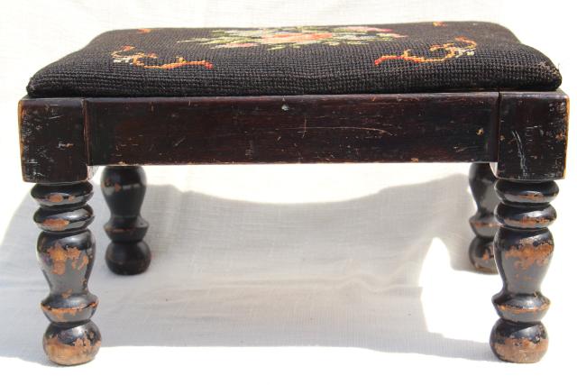 vintage footstool, low stool w/ old needlepoint bench seat, shabby turned wood legs