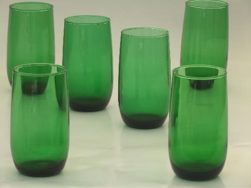 vintage forest green glass tumblers, retro roly poly glasses set of 6 