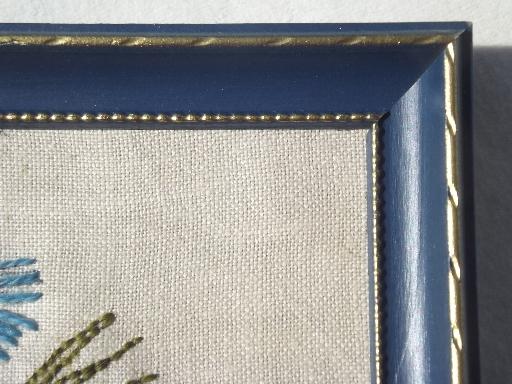 vintage framed needlework, crewel wool embroidered flower pictures on linen