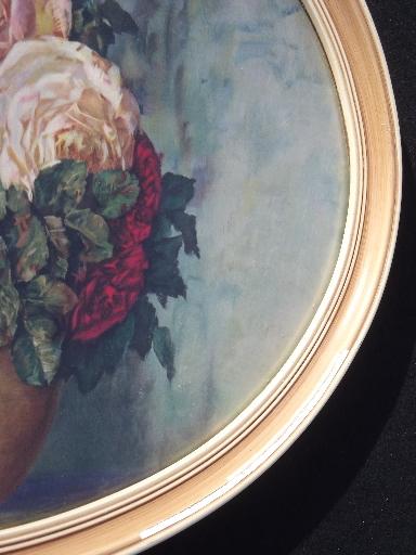 vintage framed print old roses floral art in creamy paint oval frame