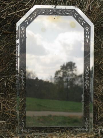 vintage frameless mirror, lovely shabby silver/clear glass floral border