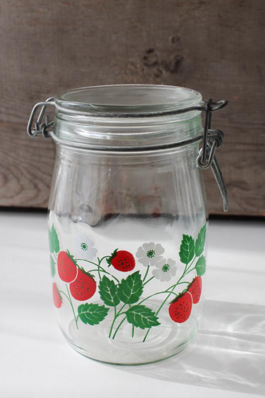 vintage french canning jar hermetic seal glass canister w/ strawberries print