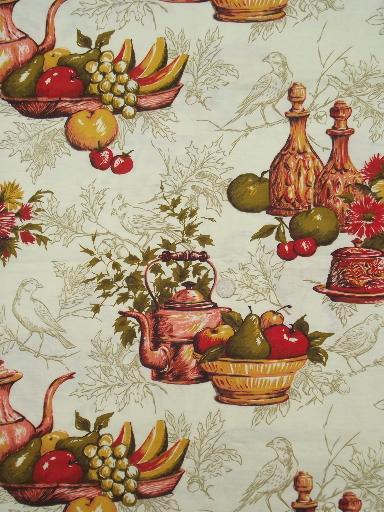 vintage french kitchen print cotton fabric, antique copper, wine bottles & fruit