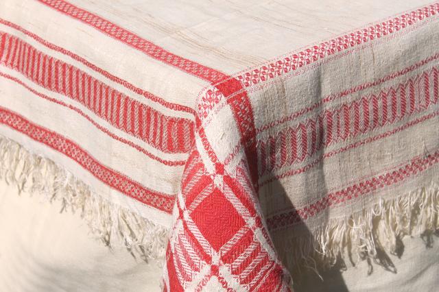 vintage french linen damask tablecloth for farmhouse table, turkey red border w/ fringe