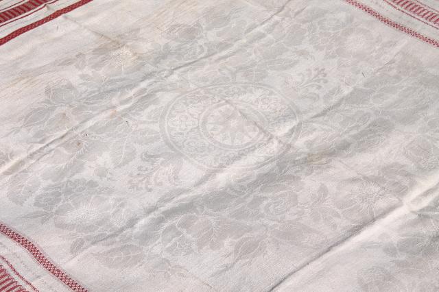 vintage french linen damask tablecloth for farmhouse table, turkey red border w/ fringe