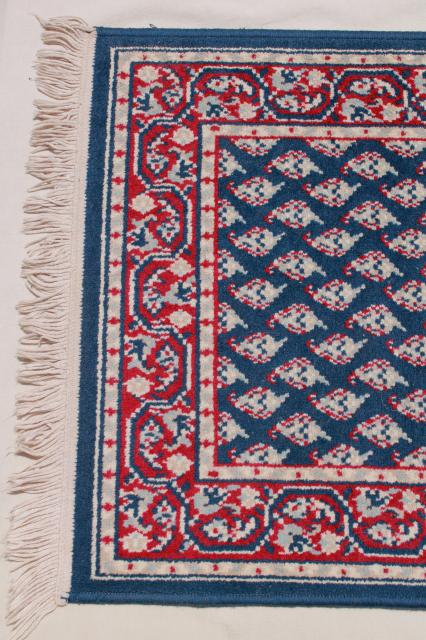 vintage fringed wool area rug, small oriental carpet woven red & white on navy blu