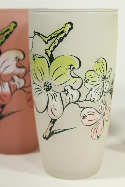 vintage frosted glass tumblers, dogwood flowers pastel colors, Libbey southern plantation?