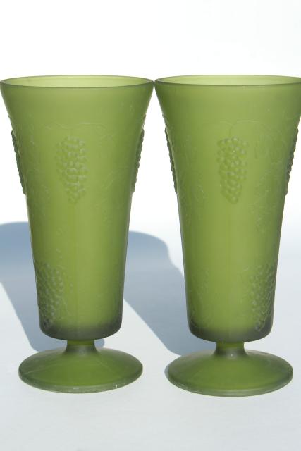 vintage frosted green glass vases, embossed grapes pattern satin glass