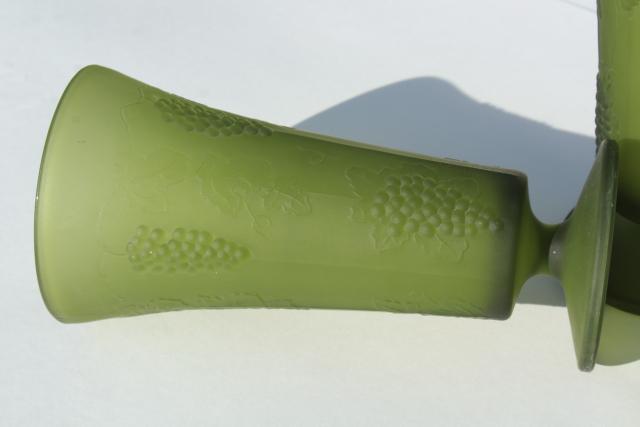 vintage frosted green glass vases, embossed grapes pattern satin glass