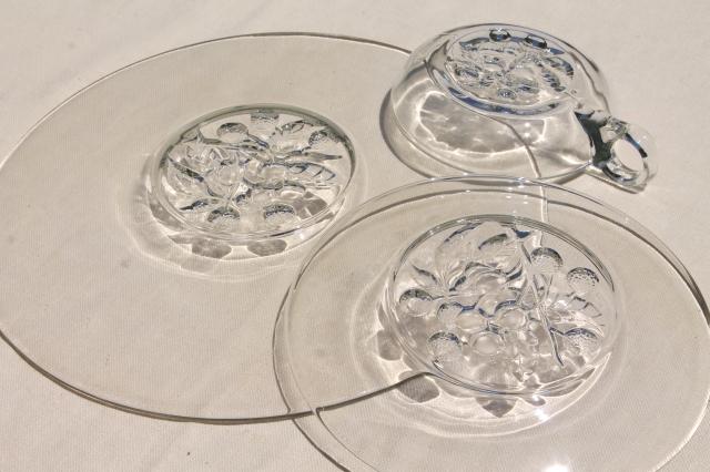 vintage fruit intaglio pattern glass, crystal clear plates w/ cherry berry or orange tree