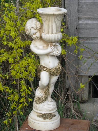 vintage garden sculpture stand for gazing ball, cherub statue w/ urn