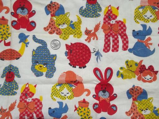 vintage gingham dog & calico cat novelty print cotton quilting fabric