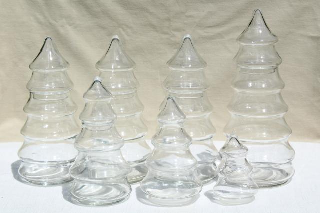 vintage glass Christmas tree canister jars, a candyland forest holiday candy bar display