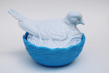 vintage glass bird on nest candy dish, white dove on opaline blue milk glass basket