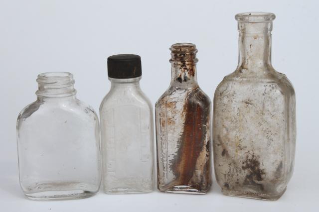 vintage glass bottle collection, as found old drugstore medicine pharmacy bottles 