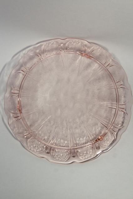 vintage glass cake plate, blush pink depression glass in cherry blossom pattern