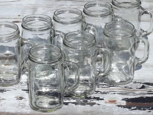 vintage glass canning jar mugs, set of fruit jelly jars w/ cup handles