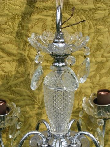 vintage glass chandelier, deco silver chrome w/ teardrop prisms