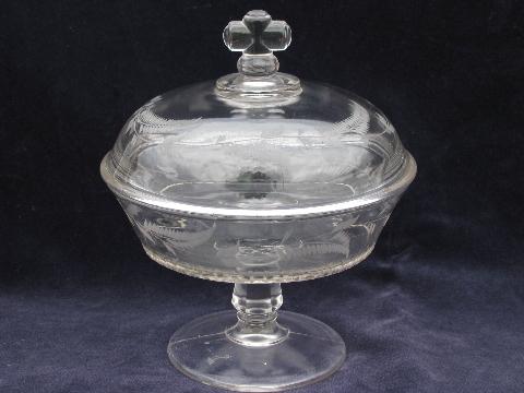 vintage glass comport bowl w/ cover, etched ferns