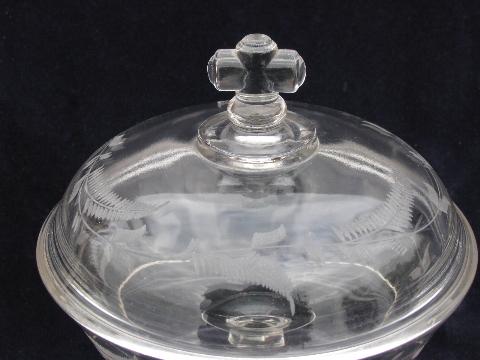 vintage glass comport bowl w/ cover, etched ferns