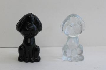 vintage glass dog figurines, funny floppy ears snoopy hounds black & clear glass