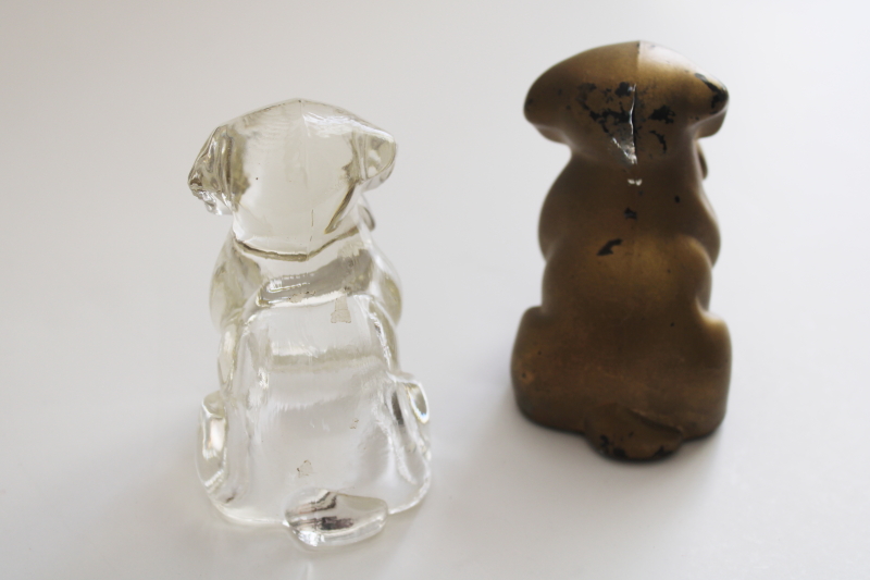 vintage glass dog paperweights, pair hound dog figurines, pressed glass worn gold